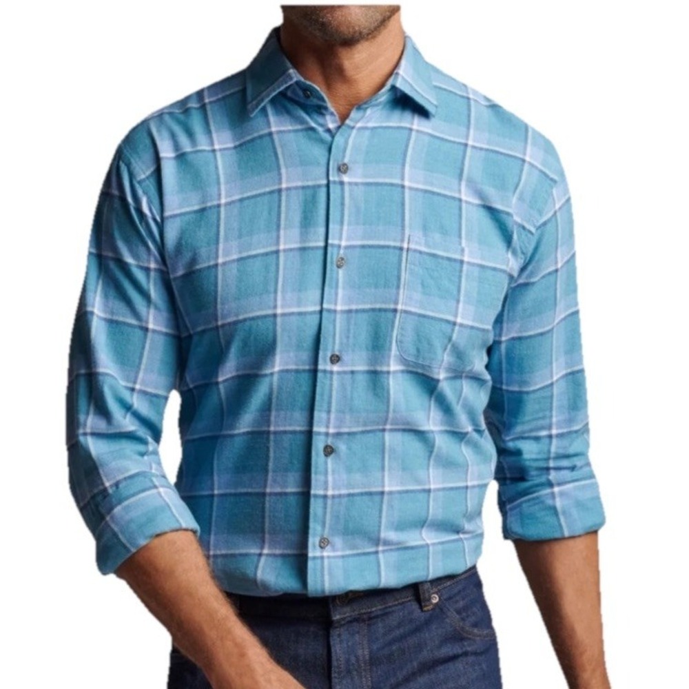 Peter Millar Brookside Plaid Sport Shirt Men Size‎ Large Tranquil Blue